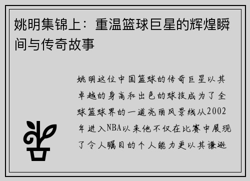 姚明集锦上：重温篮球巨星的辉煌瞬间与传奇故事